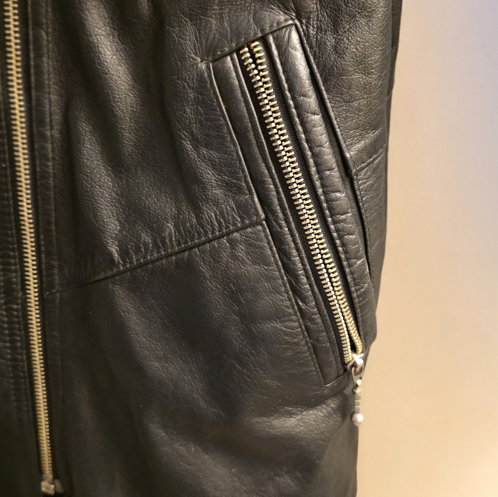 Vintage Korea Long Black Leather Trench Coat Bikers Belted Zippers Punk Medium - Picture 12 of 14